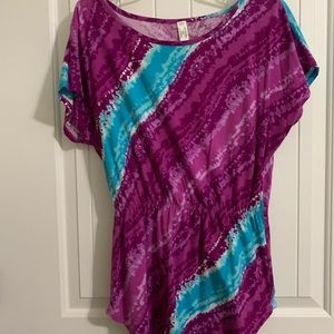 Arizona top Tunic coverup diagonal boho tie dye elastic waist turquoise purple